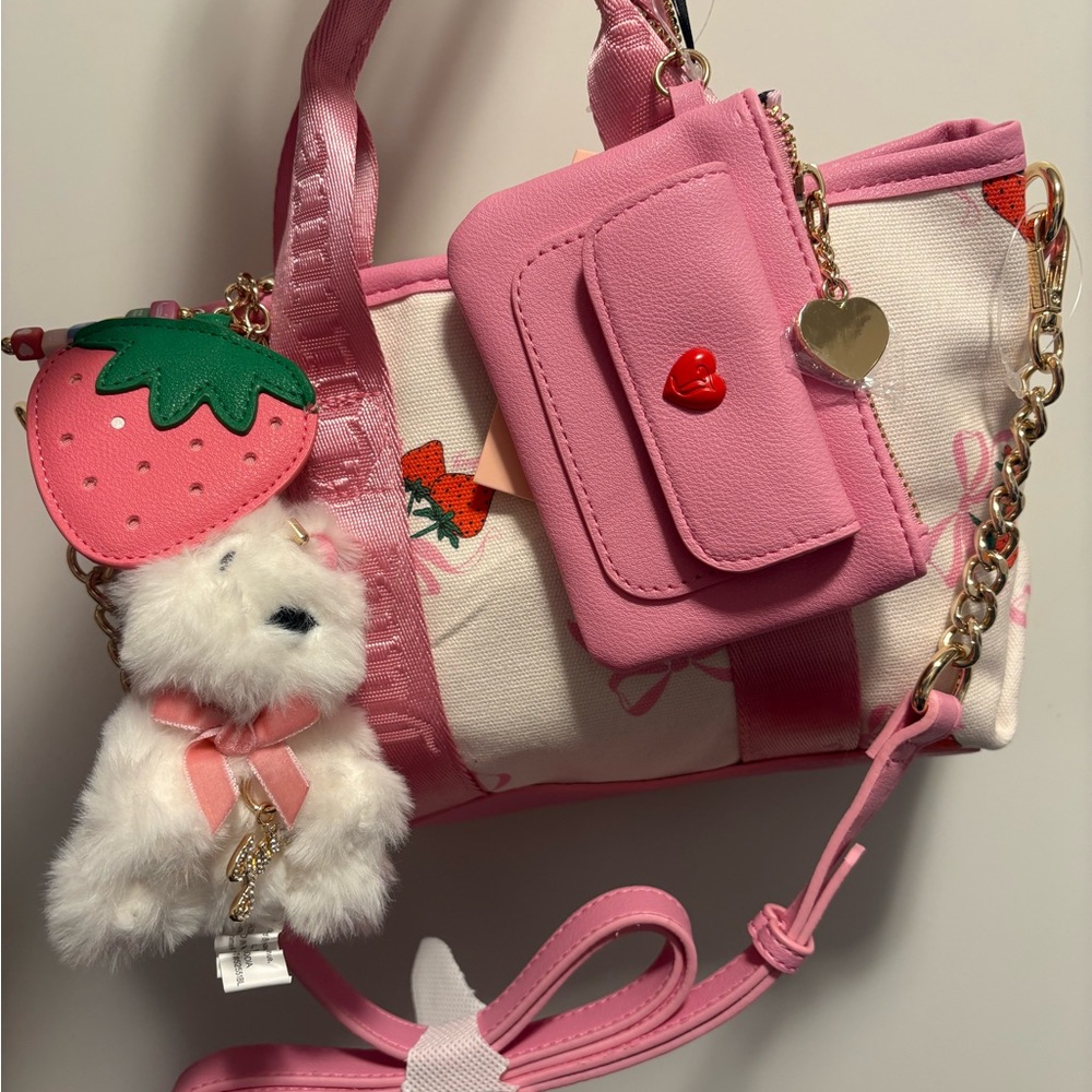 Pink Strawberry Handbag with Plush Bear Charm